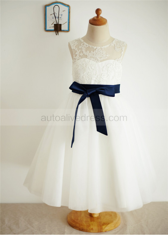 Ivory Lace Tulle Navy Blue Sash Knee Length Flower Girl Dress 